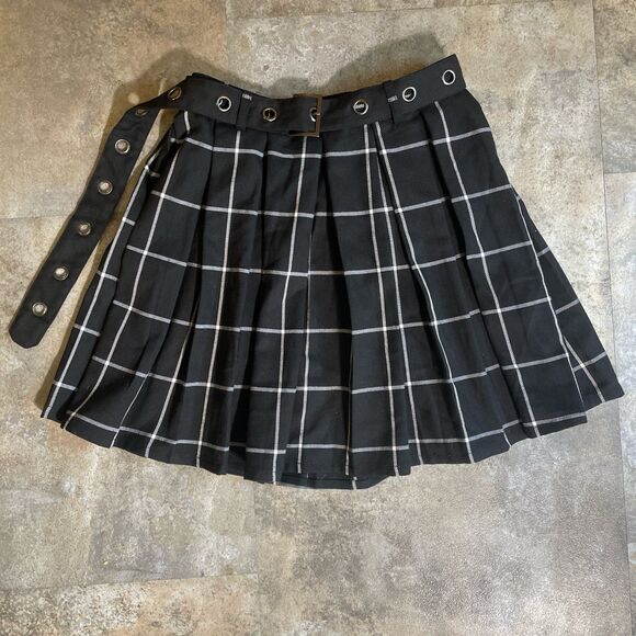 hot topic pleated grid line plaid black high waisted mini skirt size extra small - Picture 1 of 6